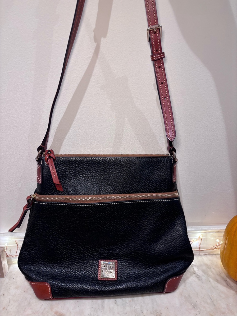 Dooney & Bourke Black Pebble Leather Crossbody with Brown Trim
